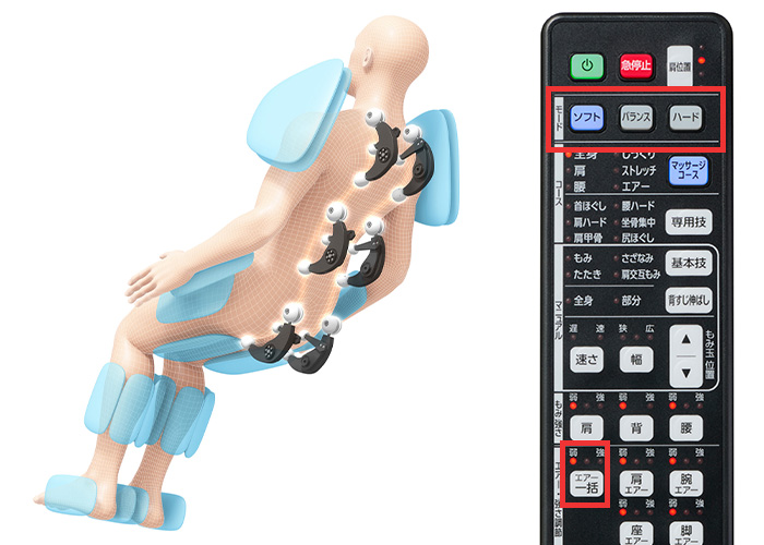 各部位のマッサージの強さを簡単ワンタッチでお好みの強さに。