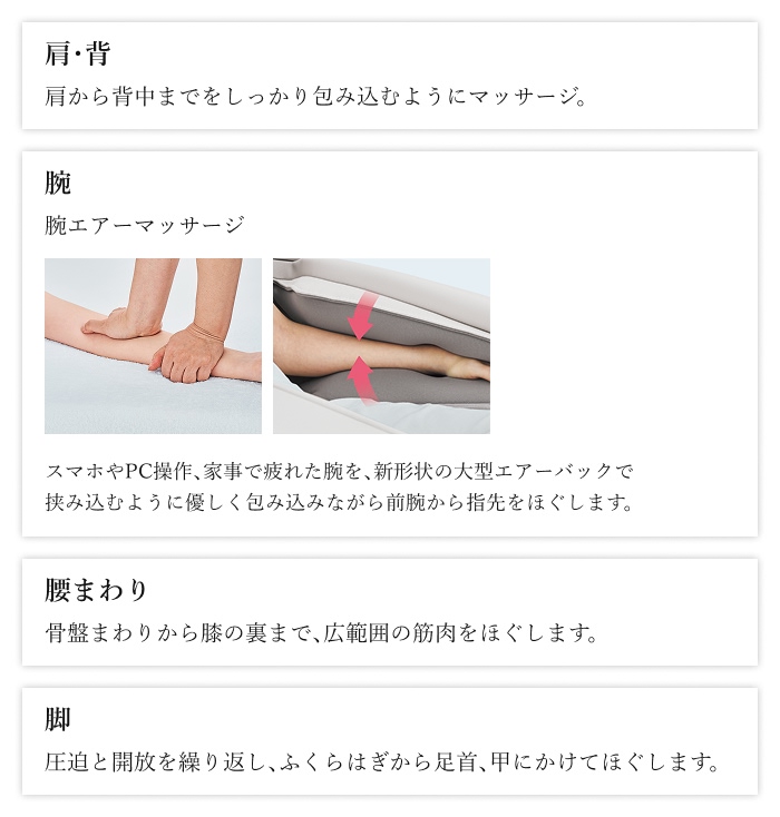 エアーバッグで丹念に全身をマッサージ「高機能エアーシステム」